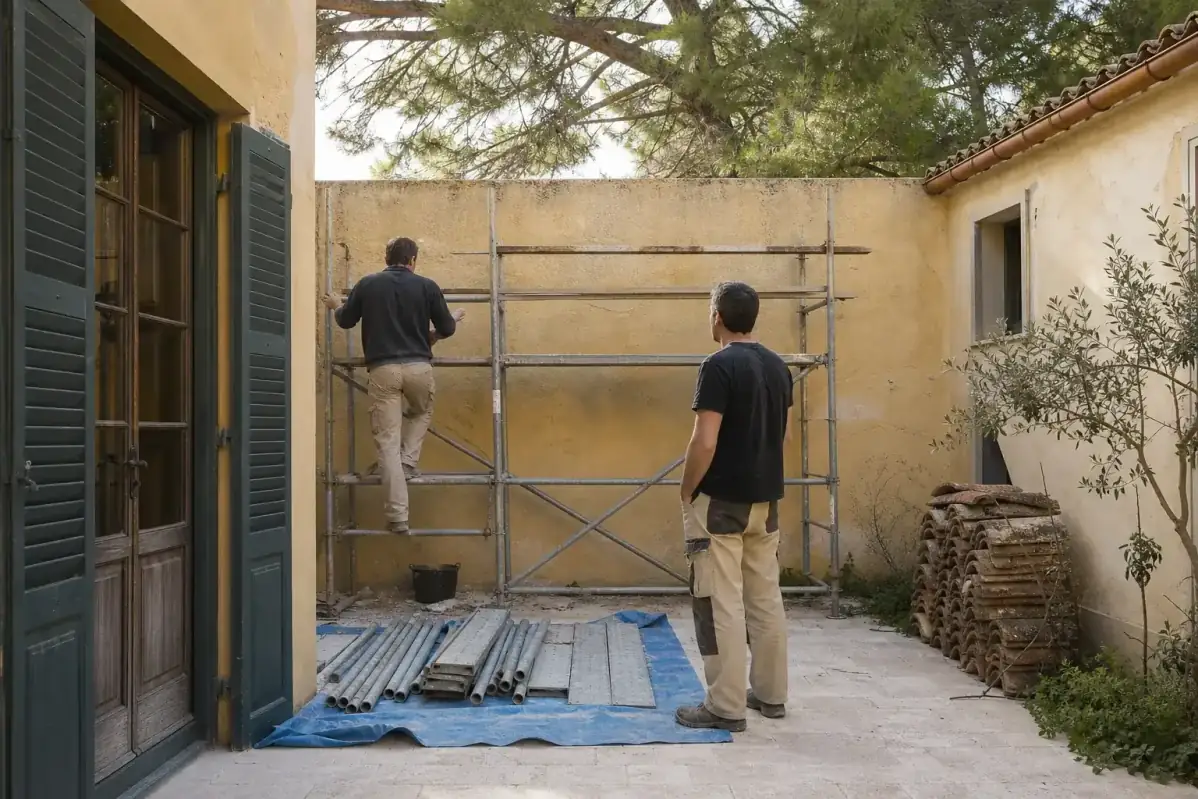 Petite cour close derrière une maison du Midi, échafaudage léger monté sur le dallage contre le mur arrière