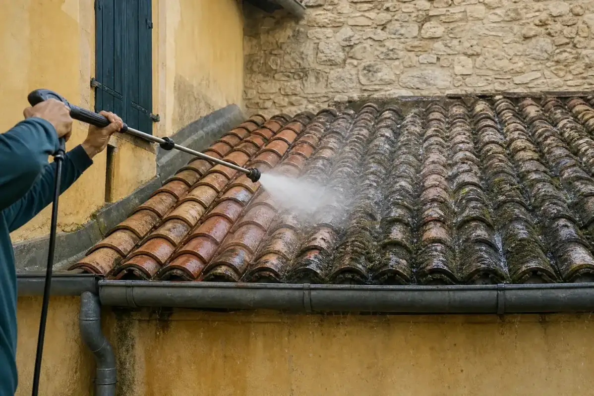 Lance de nettoyage basse pression passée sur un versant de terre cuite couvert de mousse, l’eau ruisselant sur les tuiles