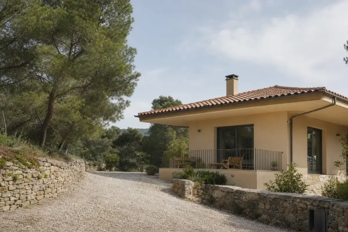 Villa de colline à toiture de terre cuite de faible pente et large débord de toit, mur de soutènement en pierre sèche et pins d’Alep