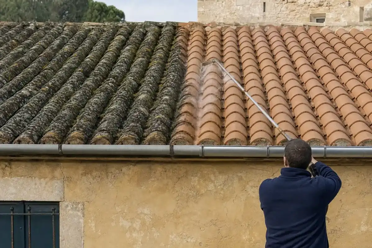 Versant en tuile canal nettoyé sur une moitié, mousse épaisse et lichen gris toujours en place sur l’autre