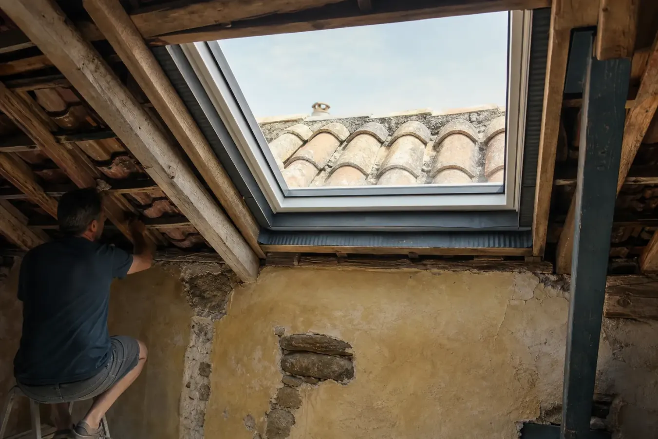 Fenêtre de toit fraîchement posée dans une couverture en tuile canal, vue depuis le comble, lumière du jour sur le plâtre nu