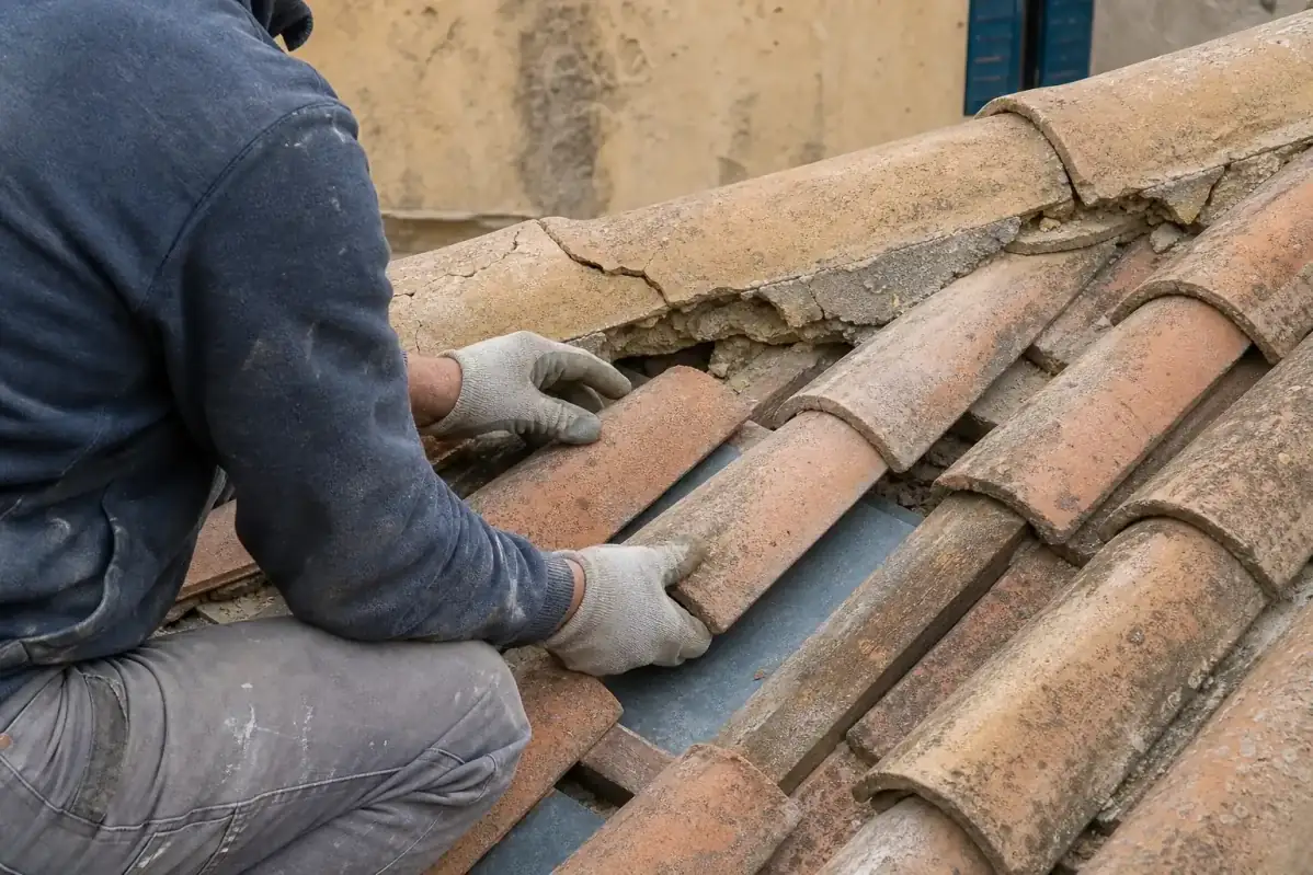 Réparation ponctuelle sur une couverture en tuile canal, trois tuiles glissées remises en place et faîtage fissuré au mortier