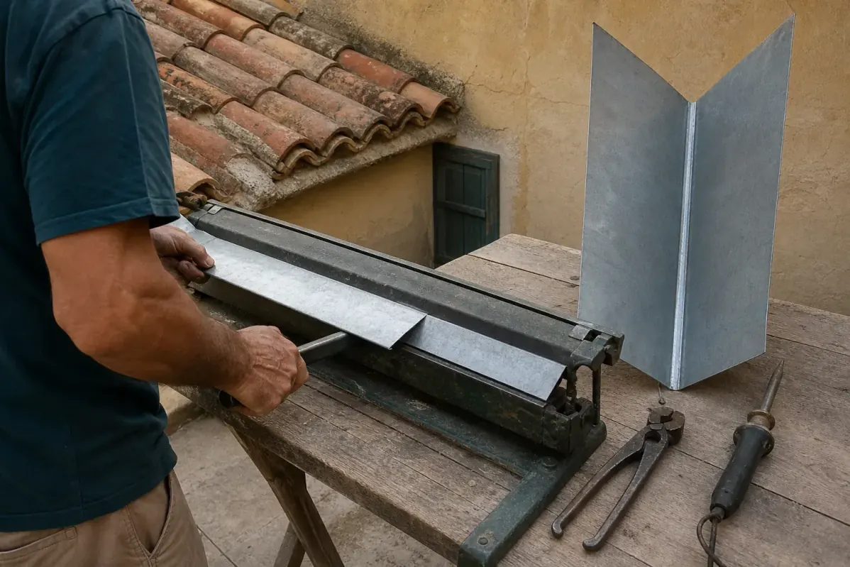 Feuille de zinc pliée à la plieuse manuelle sur un établi, pinces à agrafer et fer à souder posés à côté