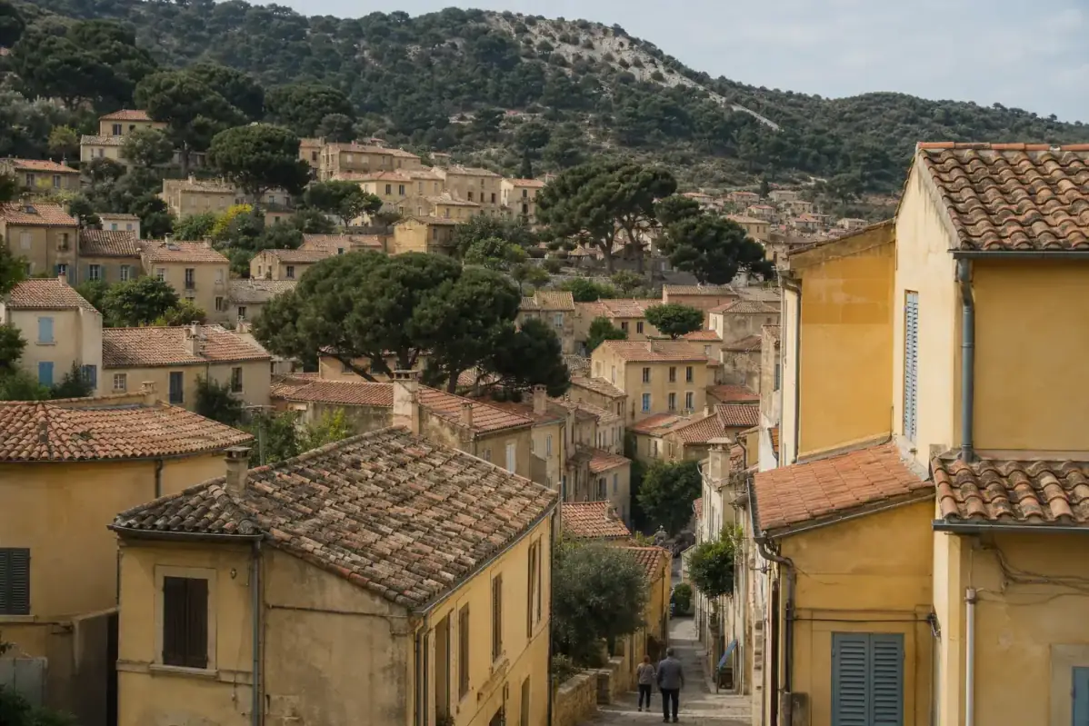 Vue large sur une ville méditerranéenne à flanc de colline, toits de terre cuite étagés et pins d’Alep sombres entre les maisons