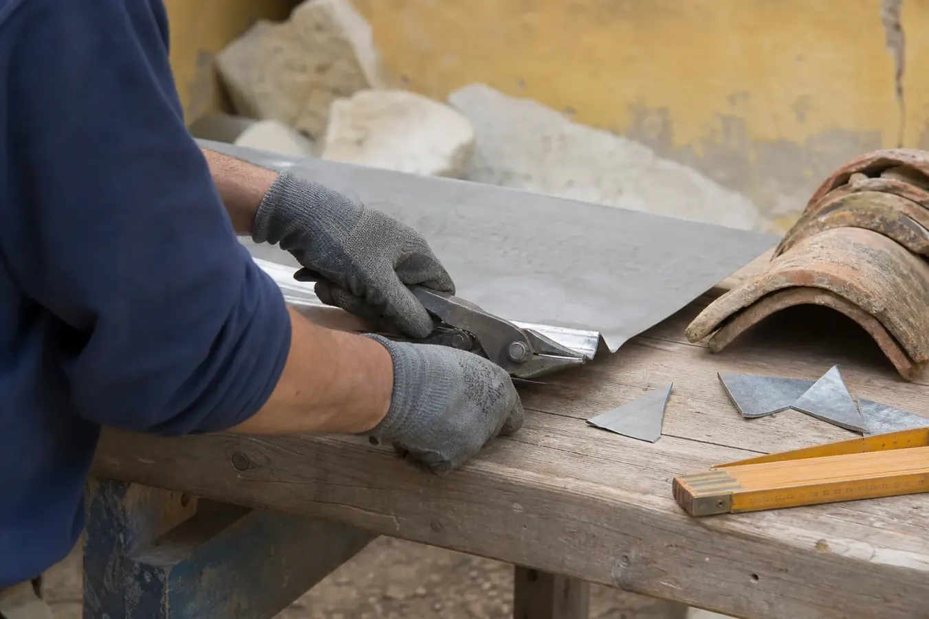 Mains gantées façonnant une feuille de zinc à la pince à agrafer sur un établi, chutes et mètre pliant à côté