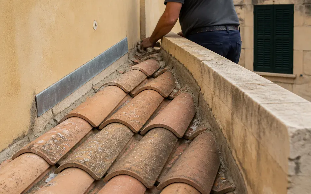 Rive de toiture courant contre un mur mitoyen, dernier rang de tuiles et bain de mortier au ras du mur du voisin